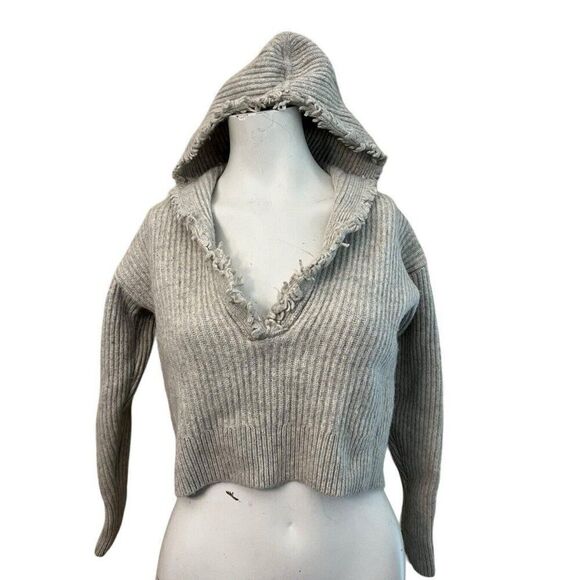 Ladies Small Gray Hooded Cropped Wool Cashmere Sweater Frayed Pullover Ribbed - Picture 1 of 7